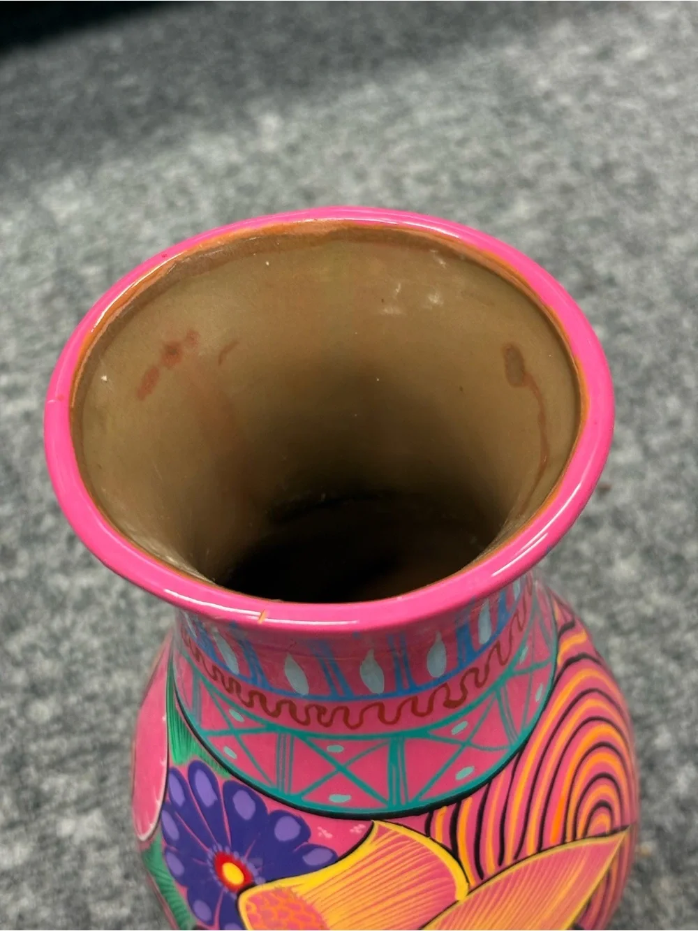 Hand Painted Pink Floral Bird Clay Folk Art Vase Made in Mexico